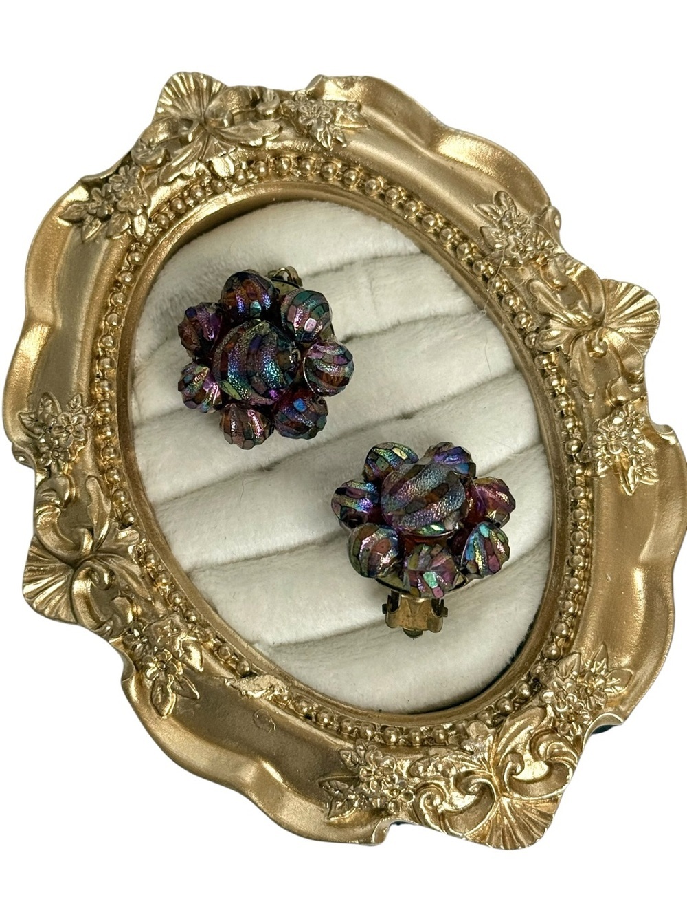 vintage mid-century West German art glass & carnival glass rosette clip earrings